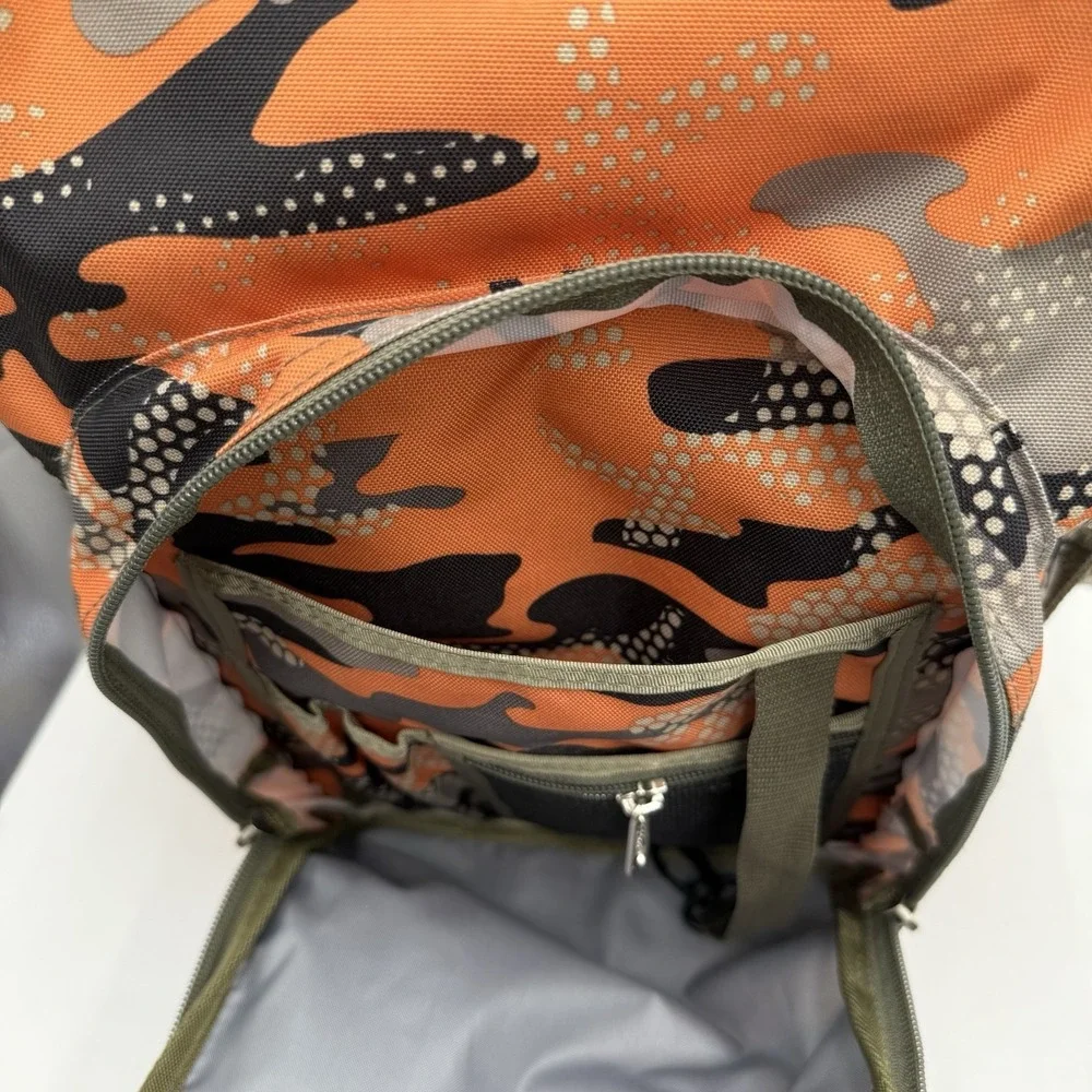 LL‎ Bean 90s Deluxe Backpack Orange Camo Reflective Outdoors School Vintage EUC